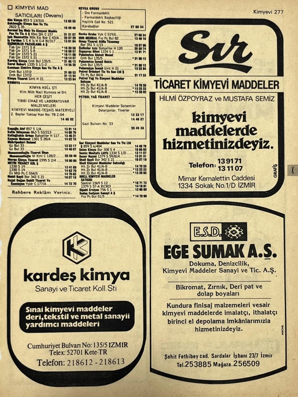 İzmir 1982-1983 Meslek Reklam İlanı Efemera S277