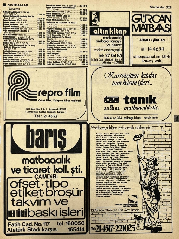 İzmir 1982-1983 Meslek Reklam İlanı Efemera S325