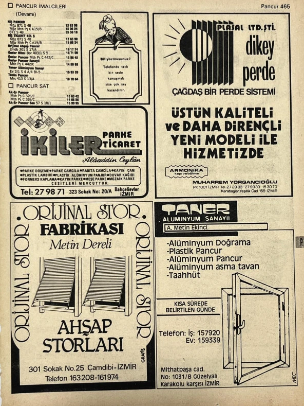 İzmir 1982-1983 Meslek Reklam İlanı Efemera S465 ürün görseli 1