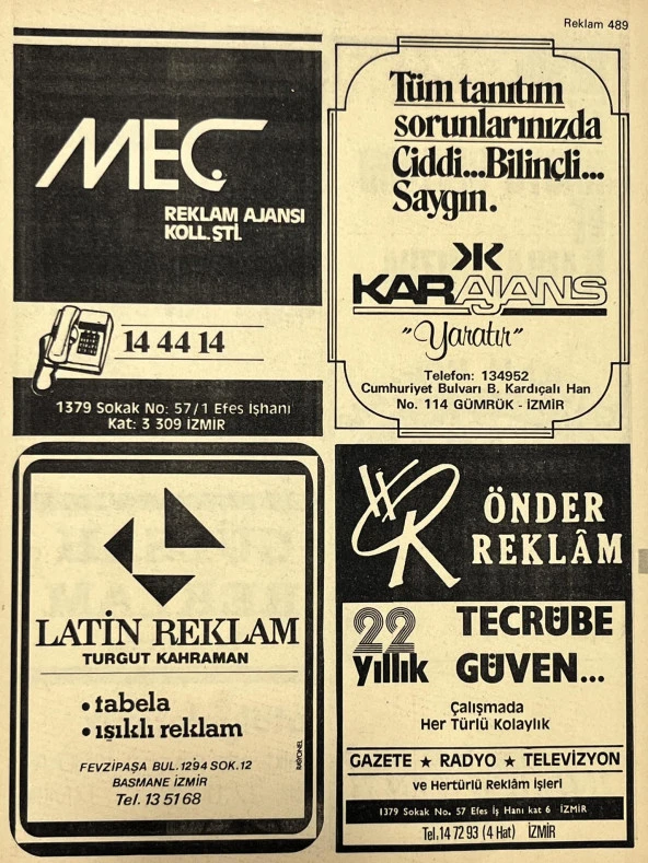 İzmir 1982-1983 Meslek Reklam İlanı Efemera S489 ürün görseli 1