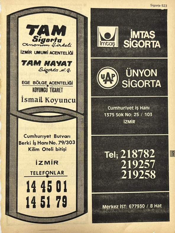 İzmir 1982-1983 Meslek Reklam İlanı Efemera S523 ürün görseli 1