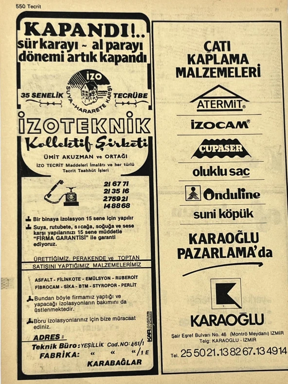 İzmir 1982-1983 Meslek Reklam İlanı Efemera S549 - Resim 2