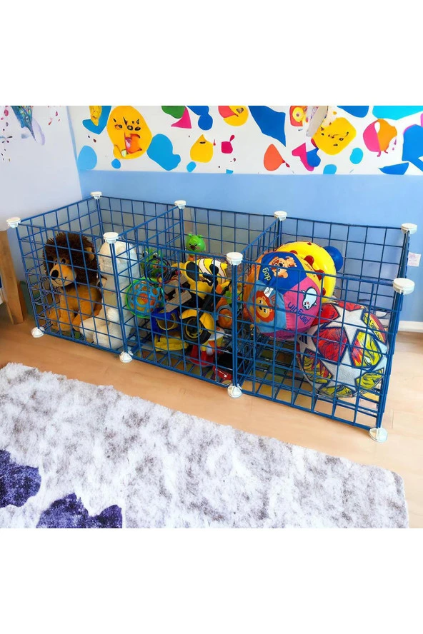 3 Bölmeli Tel Küp Çok Amaçlı Organizer Raf Mavi 33cm Mutfak, Oyuncak, Kiler, Depolama Rafı - 2