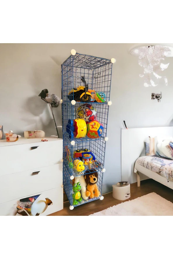 4 Bölmeli Tel Küp Çok Amaçlı Organizer Raf Mavi 33cm Mutfak, Oyuncak, Kiler, Depolama Rafı - 3