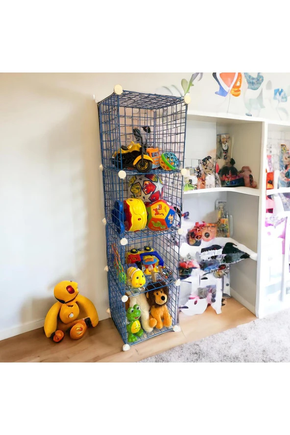 4 Bölmeli Tel Küp Çok Amaçlı Organizer Raf Mavi 33cm Mutfak, Oyuncak, Kiler, Depolama Rafı - 6