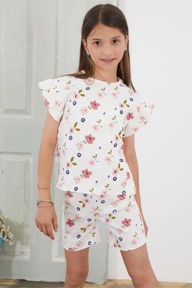 Ekru Çiçek Desenli Fırfırlı Kız Çocuk Şortlu Takım 18818 - 3