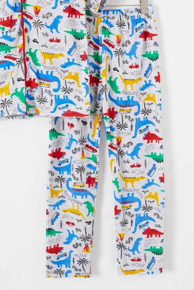 Gri Dinozor Baskılı Düğmeli Erkek Çocuk Kısa Kol Pijama Takımı 18691 - 3