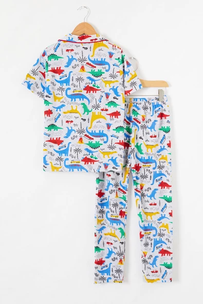 Gri Dinozor Baskılı Düğmeli Erkek Çocuk Kısa Kol Pijama Takımı 18691 - 4