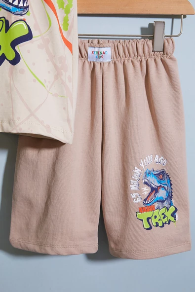 Krem T-rex Baskılı Yazılı Erkek Çocuk Şortlu Takım 18709 - 4
