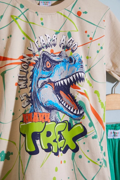 Yeşil T-rex Baskılı Yazılı Erkek Çocuk Şortlu Takım 18708 - 3
