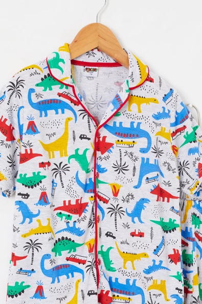 Gri Dinozor Baskılı Düğmeli Erkek Çocuk Kısa Kol Pijama Takımı 18691 - 2