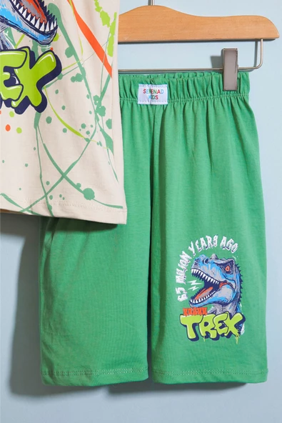 Yeşil T-rex Baskılı Yazılı Erkek Çocuk Şortlu Takım 18708 - 4