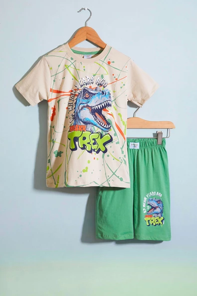 Yeşil T-rex Baskılı Yazılı Erkek Çocuk Şortlu Takım 18708