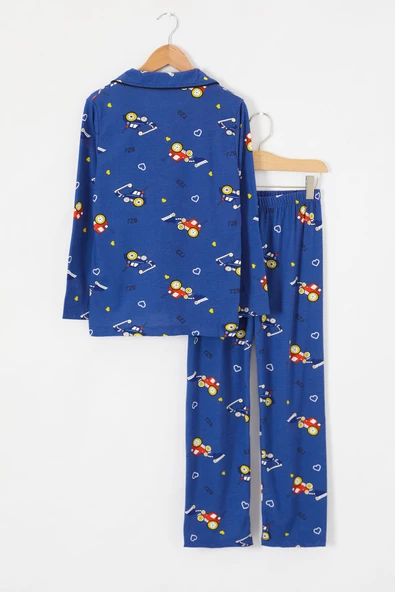 Lacivert Araba Baskılı Düğmeli Erkek Çocuk Pijama Takımı 18670 - 4