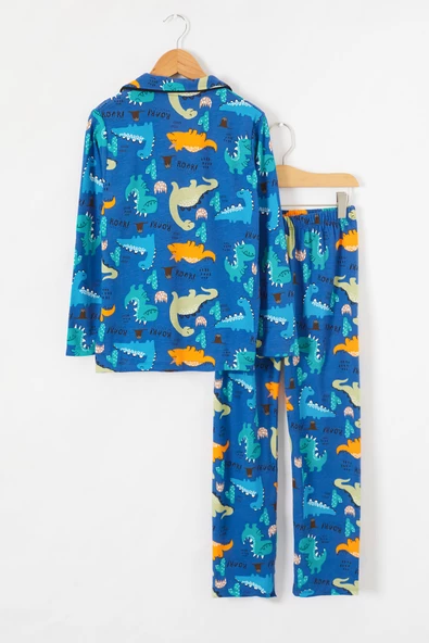 İndigo Dinozor Baskılı Düğmeli Erkek Çocuk Pijama Takımı 18671 - 4