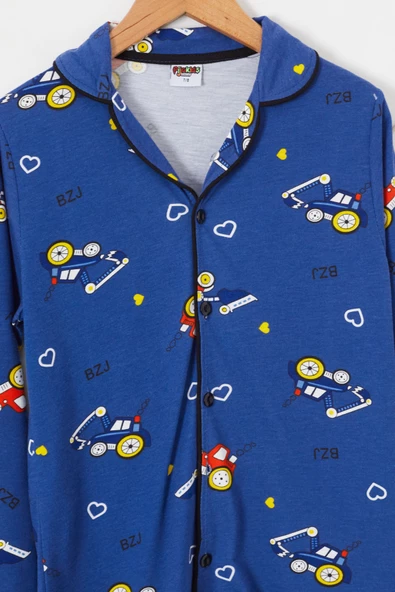 Lacivert Araba Baskılı Düğmeli Erkek Çocuk Pijama Takımı 18670 - 2