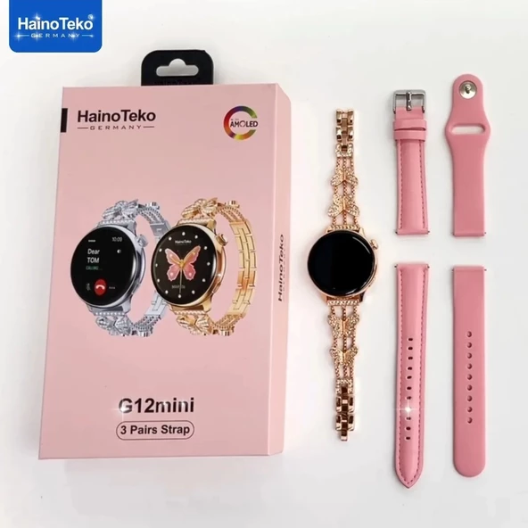 Haino Teko Smart Watch G Serisi 3Kordonlu Amoled Ekran Zarif G12 Mini Akıllı Saat GOLD KASA PEMBE RENK