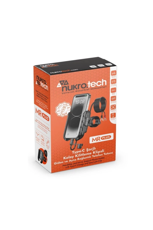 Nukrotech MR PLUS USB-C TYPE-C Şarjlı Klipsli Motosiklet Telefon Tutucu - 6