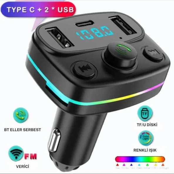 Cosmostech Car C2 Araç Fm Transmitter 5.3 Bluetooth Araç Kiti Hızlı Şarj Qc 3.1 Çift USB ve TYPE-C Mp3 Sd Kart Çakmaklık Girişli Oto Müzik Çalar