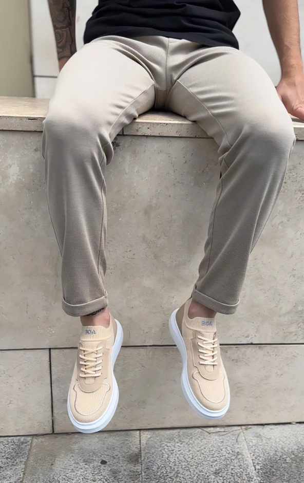 BA0812 Özel Örme Triko Tarz Krem Renk Spor Ayakkabı - Resim 2