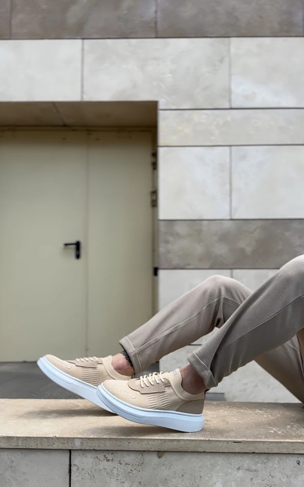 BA0812 Özel Örme Triko Tarz Krem Renk Spor Ayakkabı - Resim 3