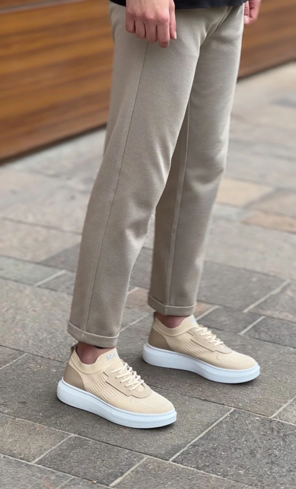 BA0812 Özel Örme Triko Tarz Krem Renk Spor Ayakkabı - Resim 4