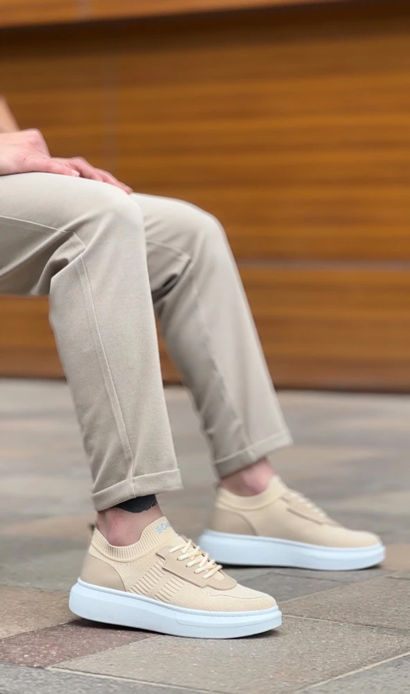 BA0812 Özel Örme Triko Tarz Krem Renk Spor Ayakkabı - Resim 5