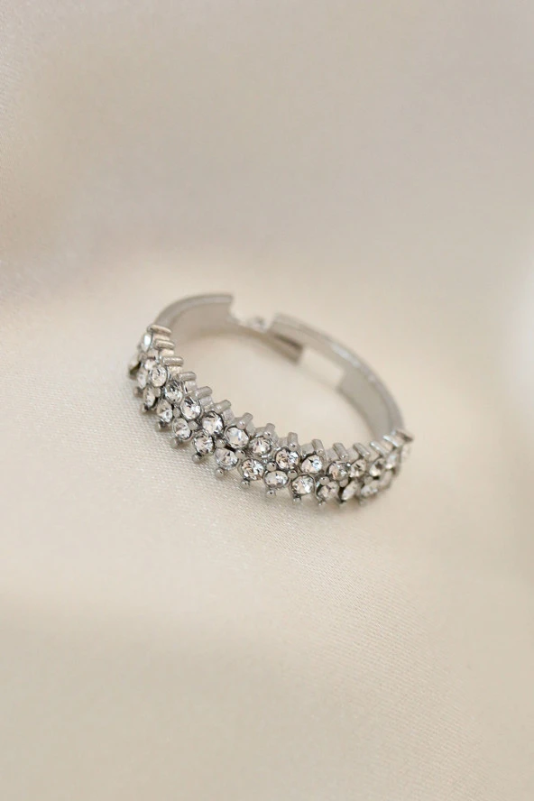 Ayarlamalı Gümüş Renk Metal Çift Sıra Zirkon Taşlı Yüzük - TJ-BYK2018 ürün görseli 1