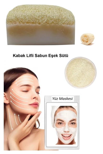 3'lü Set Kabak Lifli Yüz Pedi Kabak Lifli Eşek Sütlü Peeling Sabun Canlandırıcı Cilt Bakım Yüz Maske