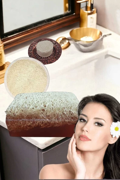 3'lü Set Kabak Lifli Kahveli Sabun Peeling Sivilce Leke Akne Ruşur Taşı Lifli Yüz Kesesi - 2
