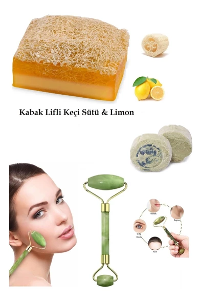 3'lü Set Kabak Lifli Sabun Keçi Sütü&Limon Çift Taraflı Yüz Masaj Aleti Peeling Sivilce Ruşur Taşı