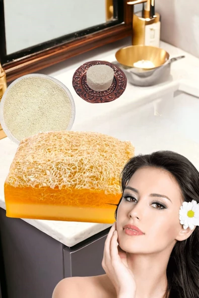 3'lü Set Kabak Lifli Keçi Sütü & Limon Sabun Peeling Sivilce Leke Akne Ruşur Taşı Lifli Yüz Kesesi - 2