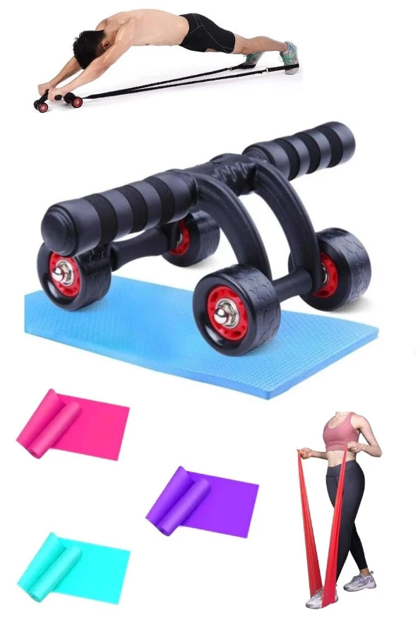 2'li Set Tekerlekli Karın Göğüs Kol Omuz Kası Egzersiz Spor Güç Aleti 3lü Pilates Bandı Seti
