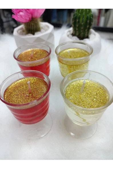 4 Adet Mini Kadeh Renkli Simli Jel Mum Masa Süsleme Dekoratif Sevimli Şık Kadeh Mum Boy:6cm - 2