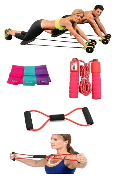 4'lü Set Fitnes Spor Aleti Sayaçlı Atlama Ipi 3'lü Pilates Bandı Seti Direnç Lastiği