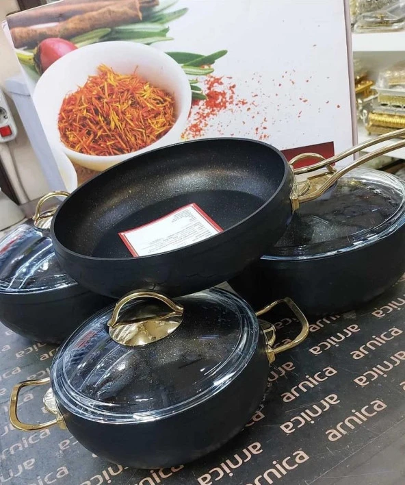 Oms Espela 7 Parça Granit Tencere Seti Siyah Gold 3544 - 2