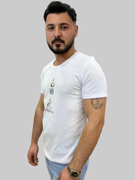 Erkek Astrology Sıfır Yaka Basic Beyaz Tişört - 2
