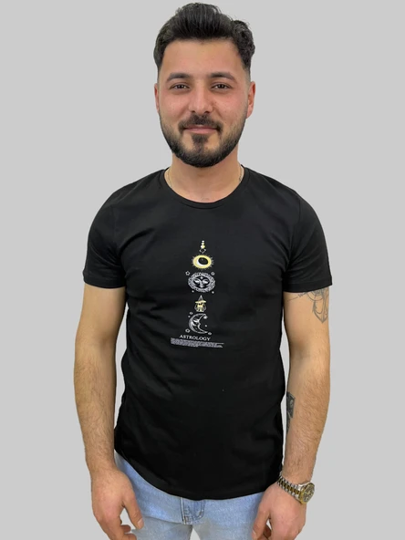 Erkek Astrology Sıfır Yaka Basic Siyah Tişört