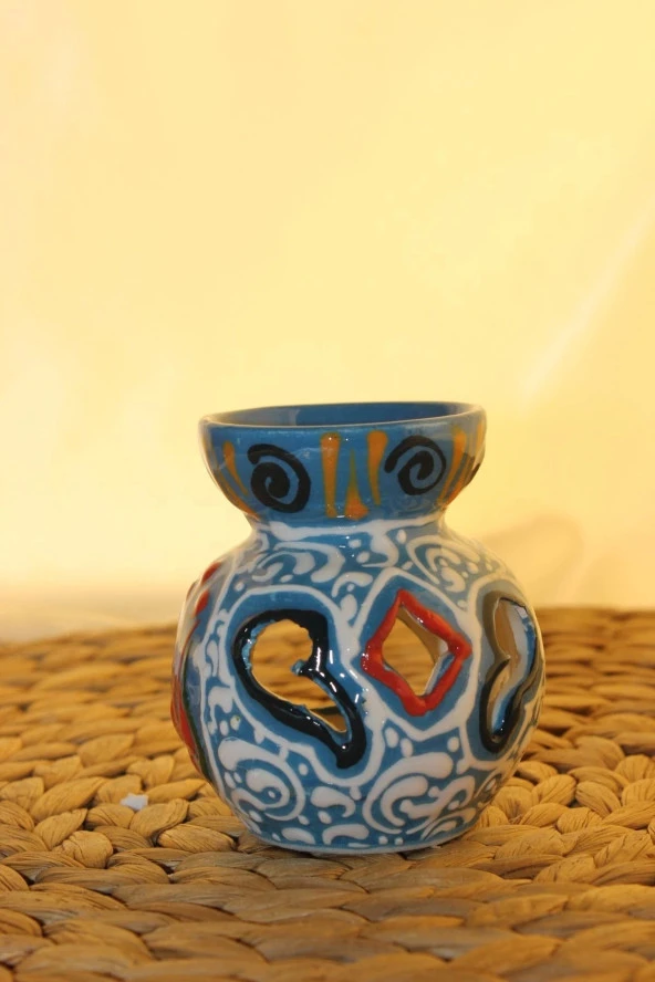 Buhardanlık Seramik El İşi Çini Motifli Buhurdanlık Mini Mavi - Resim 3