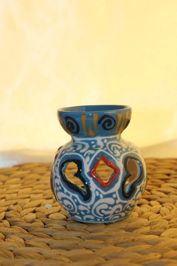 Buhardanlık Seramik El İşi Çini Motifli Buhurdanlık Mini Mavi - Resim 6
