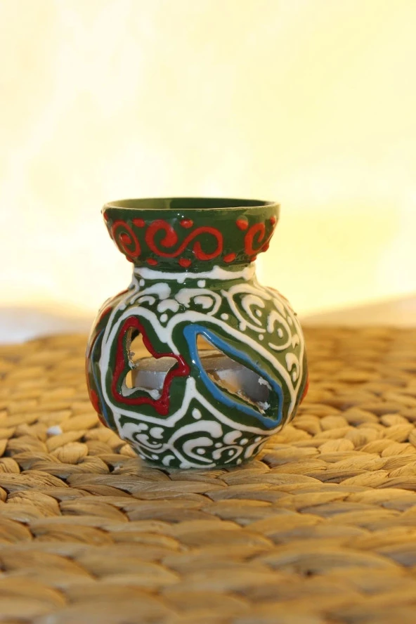 Buhardanlık Seramik El İşi Çini Motifli Buhurdanlık Mini Mavi Yeşil