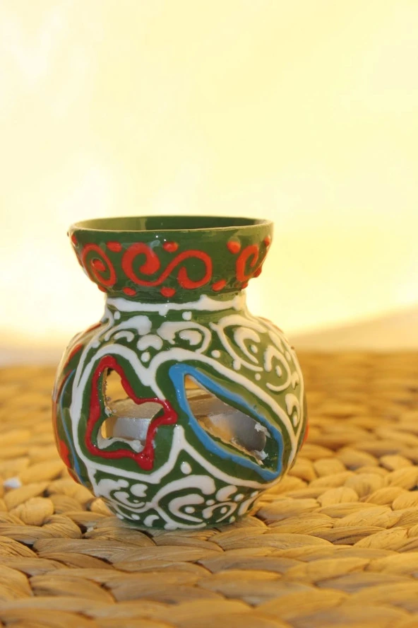 Buhardanlık Seramik El İşi Çini Motifli Buhurdanlık Mini Mavi Yeşil - 3