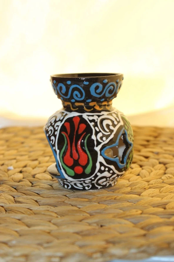 Buhardanlık Seramik El İşi Çini Motifli Buhurdanlık Mini Mavi Yeşil - 4