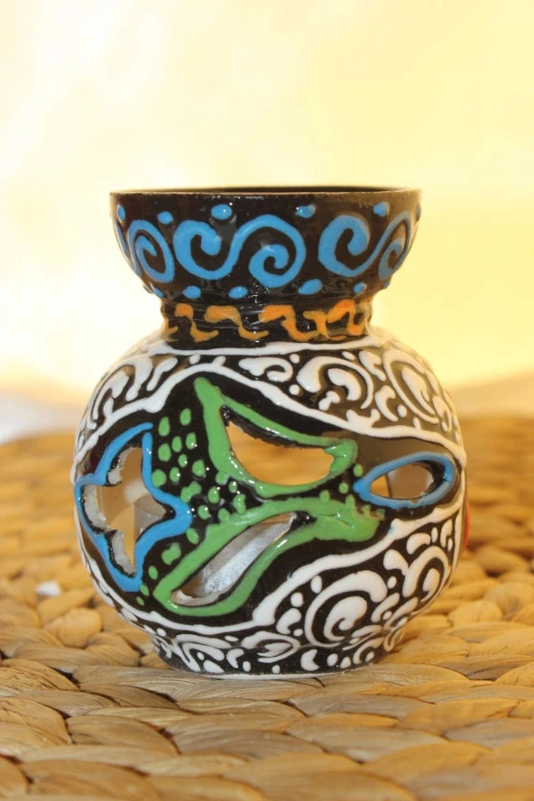 Buhardanlık Seramik El İşi Çini Motifli Buhurdanlık Mini Mavi Yeşil - 5