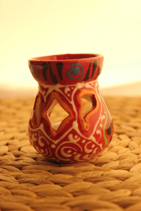 Buhardanlık Seramik El İşi Çini Motifli Buhurdanlık Mini Oranj Mavi - 6
