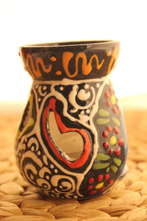 Buhardanlık Seramik El İşi Çini Motifli Buhurdanlık Mini Siyah