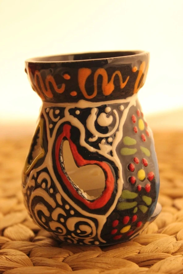 Buhardanlık Seramik El İşi Çini Motifli Buhurdanlık Mini Siyah - 3