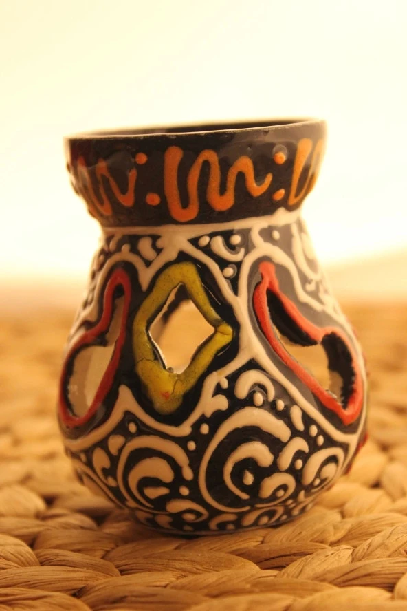 Buhardanlık Seramik El İşi Çini Motifli Buhurdanlık Mini Siyah - 4