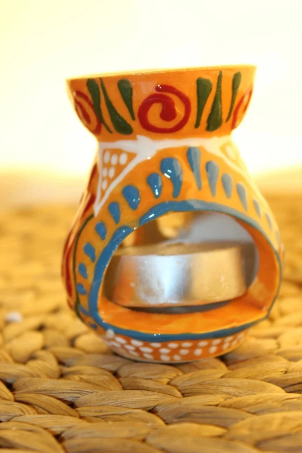 Buhardanlık Seramik El İşi Çini Motifli Buhurdanlık Mini Oranj Siyah - Resim 3