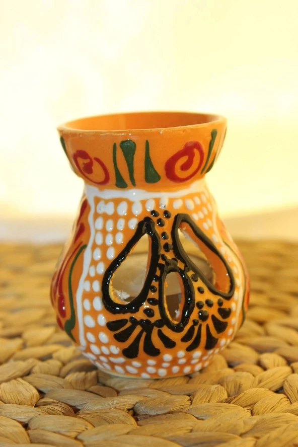 Buhardanlık Seramik El İşi Çini Motifli Buhurdanlık Mini Oranj Siyah - Resim 5